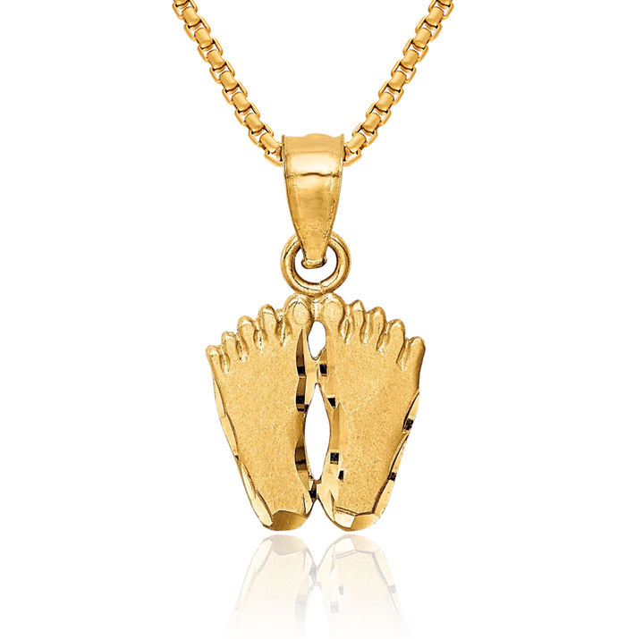 14K Solid Yellow Gold Footprints Necklace Chain Pendant Charm