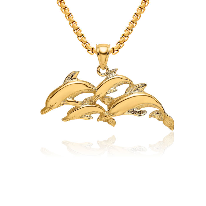 14K Solid Yellow Gold Four Sea Dolphin Necklace Ocean Fish Pendant Summer Beach Nautical Charm