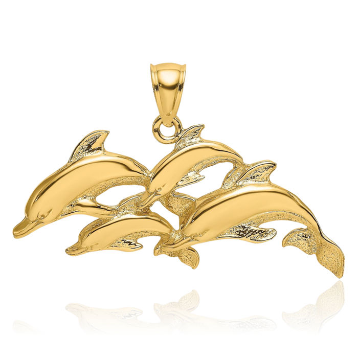 14K Solid Yellow Gold Four Sea Dolphin Necklace Ocean Fish Pendant Summer Beach Nautical Charm