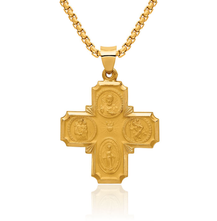 14K Solid Yellow Gold Four Way Holy Cross Religious Medal Necklace Christian Pendant Scapular Charm