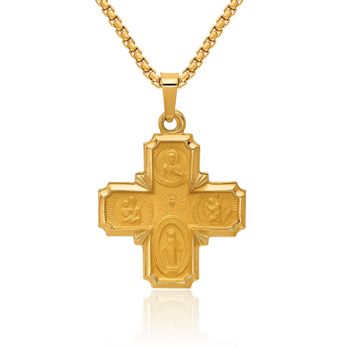 14K Solid Yellow Gold Four Way Holy Cross Religious Medal Necklace Christian Pendant Scapular Charm