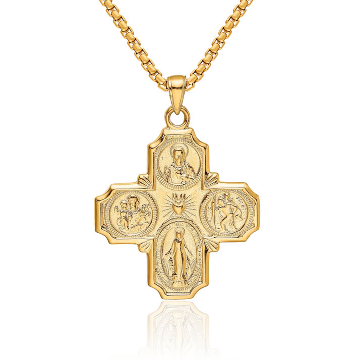 14K Solid Yellow Gold Four Way Holy Cross Religious Medal Necklace Christian Pendant Scapular Charm