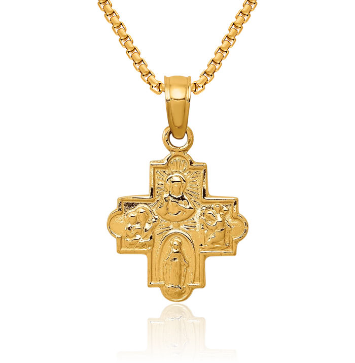 14K Solid Yellow Gold Four Way Holy Cross Religious Medal Necklace Christian Pendant Scapular Charm