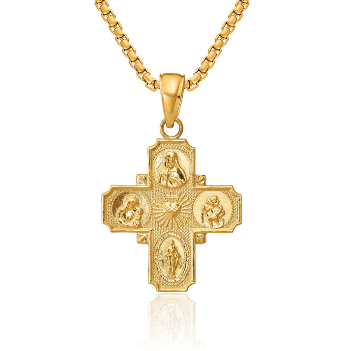 14K Solid Yellow Gold Four Way Holy Cross Religious Medal Necklace Christian Pendant Scapular Charm