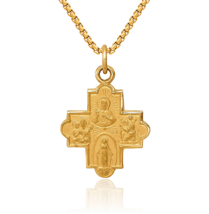 14K Solid Yellow Gold Four Way Holy Cross Religious Medal Necklace Christian Pendant Scapular Charm