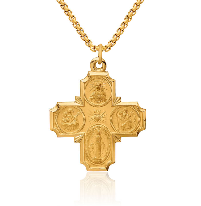 14K Solid Yellow Gold Four Way Holy Cross Religious Medal Necklace Christian Pendant Scapular Charm