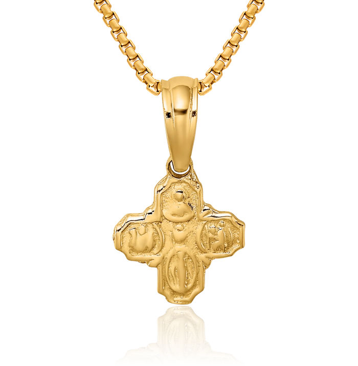 14K Solid Yellow Gold Four Way Holy Cross Religious Medal Necklace Christian Pendant Scapular Charm