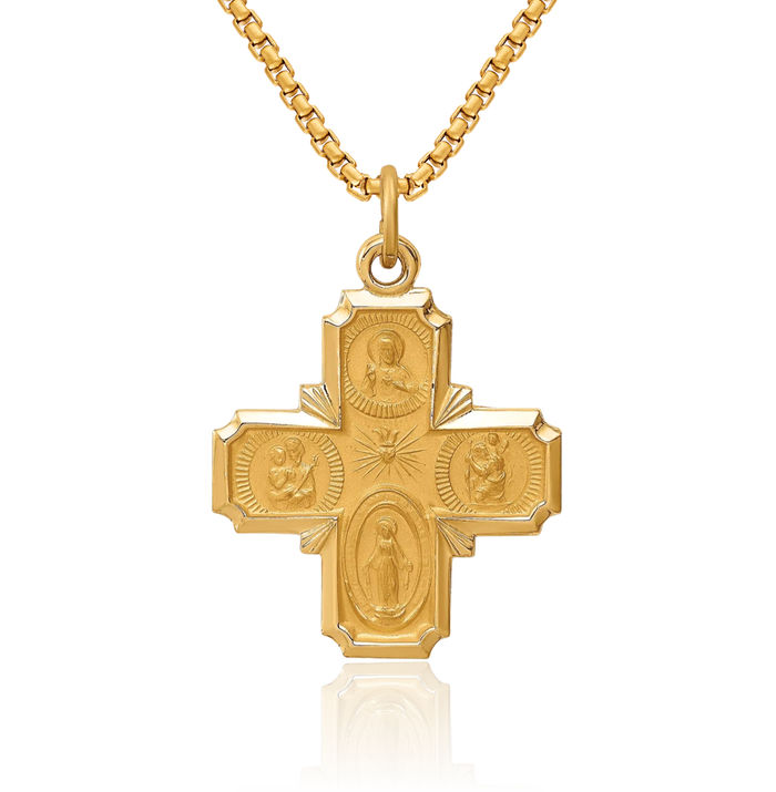 14K Solid Yellow Gold Four Way Holy Cross Religious Medal Necklace Christian Pendant Scapular Charm