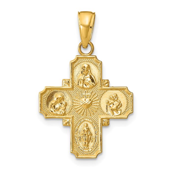 14K Solid Yellow Gold Four Way Holy Cross Religious Medal Necklace Christian Pendant Scapular Charm