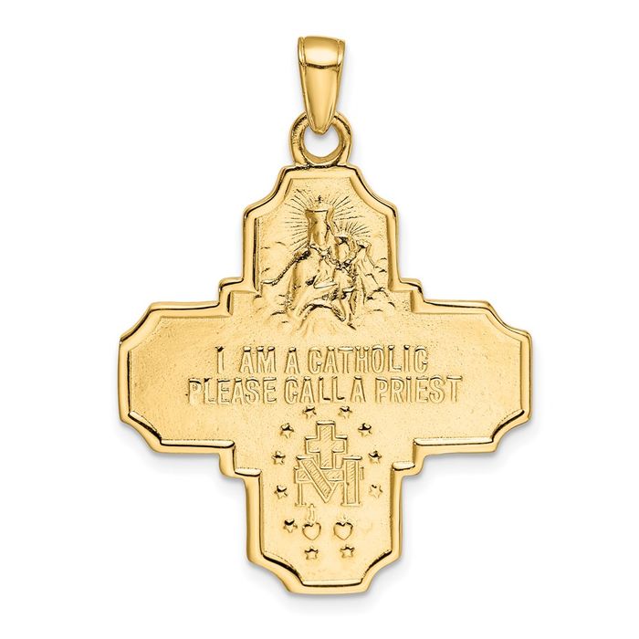 14K Solid Yellow Gold Four Way Holy Cross Religious Medal Necklace Christian Pendant Scapular Charm