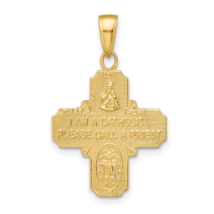 14K Solid Yellow Gold Four Way Holy Cross Religious Medal Necklace Christian Pendant Scapular Charm