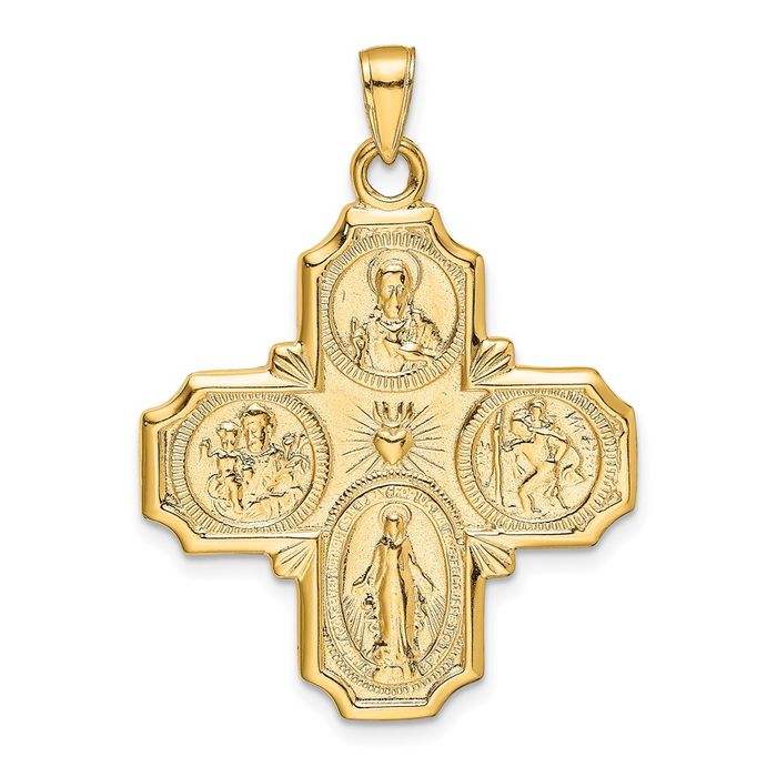 14K Solid Yellow Gold Four Way Holy Cross Religious Medal Necklace Christian Pendant Scapular Charm