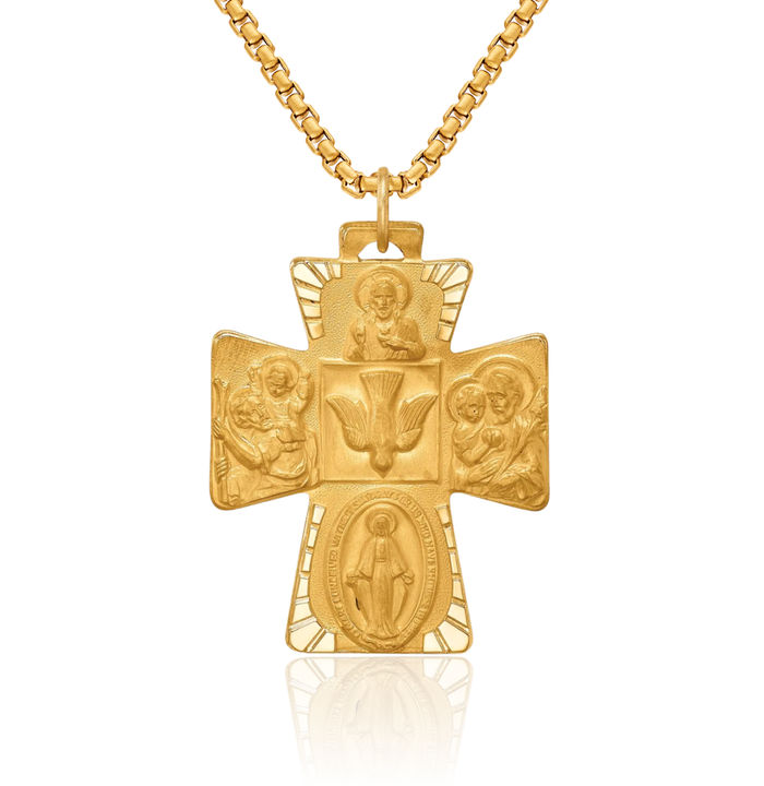 14K Solid Yellow Gold Four Way Medal Holy Cross Necklace Religious Chain Pendant Jesus Christ Charm