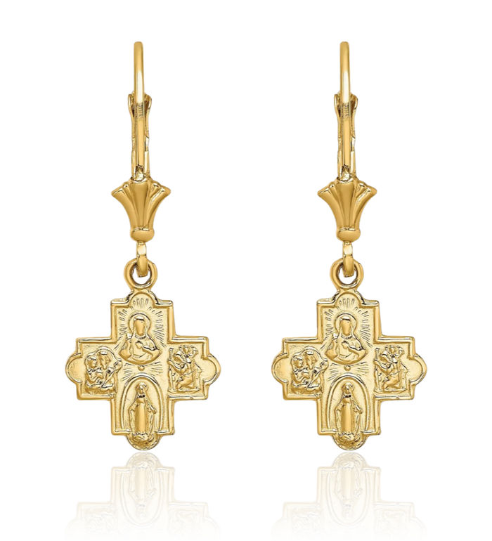 14K Solid Yellow Gold Four Way Medal Hanging Holy Cross Christian Religious Drop Dangle Earrings