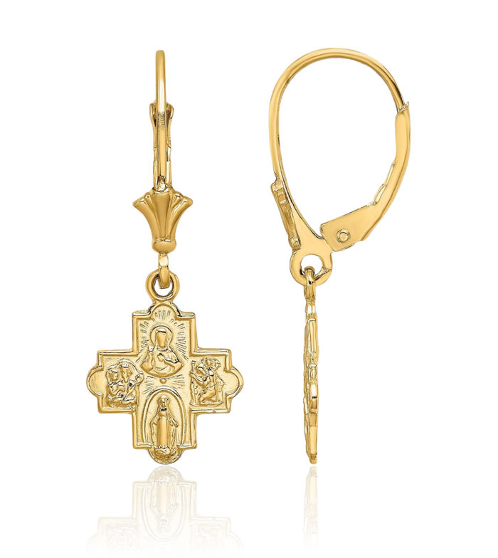 14K Solid Yellow Gold Four Way Medal Hanging Holy Cross Christian Religious Drop Dangle Earrings