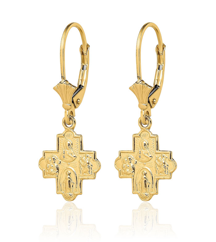 14K Solid Yellow Gold Four Way Medal Hanging Holy Cross Christian Religious Drop Dangle Earrings