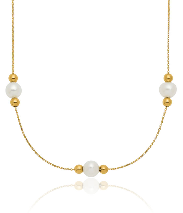 14K Solid Yellow Gold Freshwater Cultured Pearl Bead 3 Station Necklace Chain