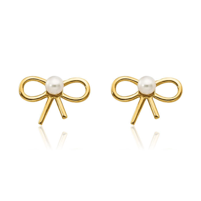 14K Solid Yellow Gold Freshwater Cultured Pearl Bow Stud Earrings