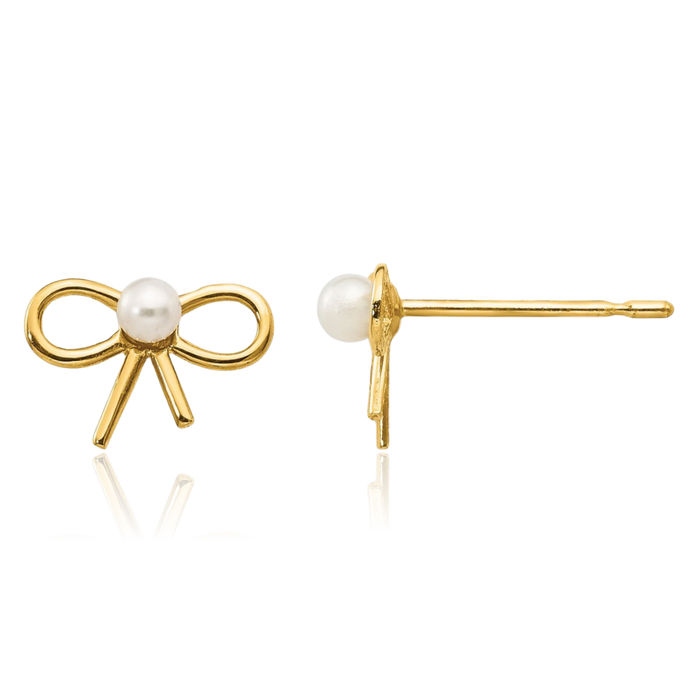 14K Solid Yellow Gold Freshwater Cultured Pearl Bow Stud Earrings