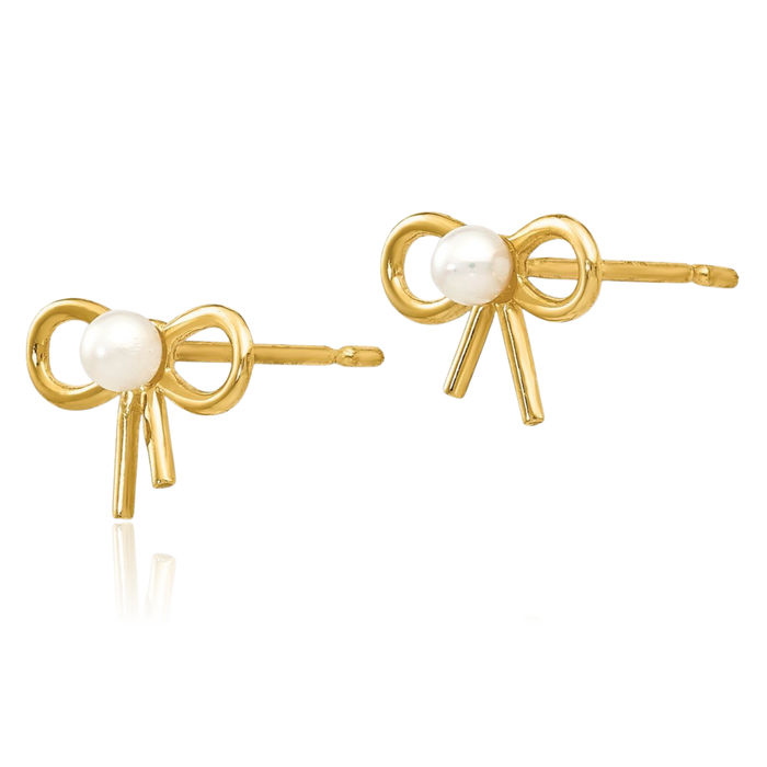 14K Solid Yellow Gold Freshwater Cultured Pearl Bow Stud Earrings