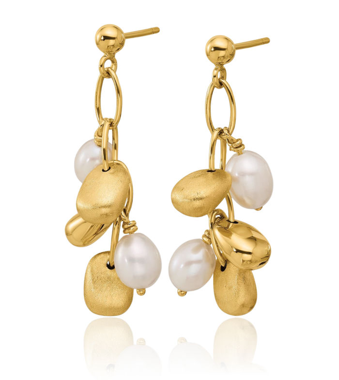 14K Solid Yellow Gold Freshwater Cultured Pearl Post Drop Dangle Earrings