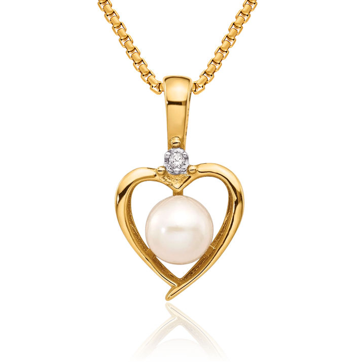 14K Solid Yellow Gold Freshwater Cultured Pearl Diamond Heart Necklace Gemstone Pendant Charm April June Birthstone Jewelry