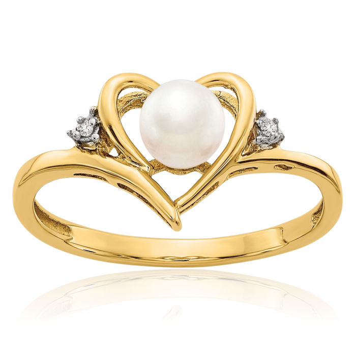 14K Solid Yellow Gold Freshwater Cultured Pearl Diamond Heart Ring Love Band June Birthstone Jewelry