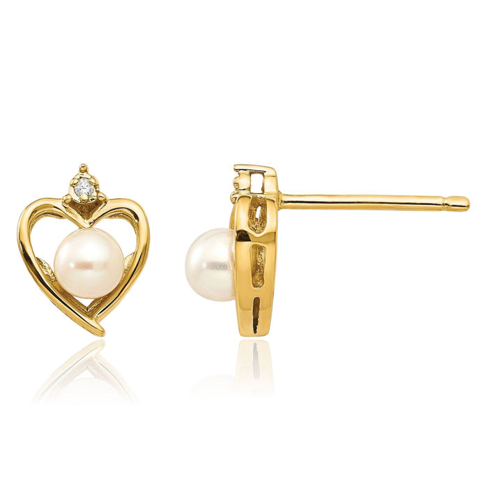 14K Solid Yellow Gold Freshwater Cultured Pearl Diamond Heart Stud Earrings June Birthstone Jewelry