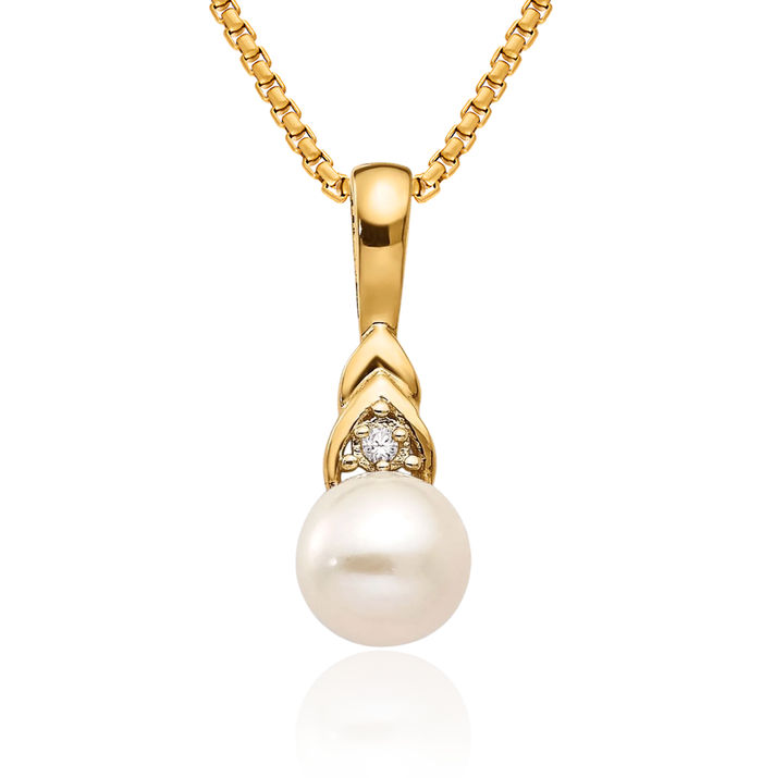 14K Solid Yellow Gold Freshwater Cultured Pearl Diamond Necklace Gemstone Pendant Charm April June Birthstone Jewelry