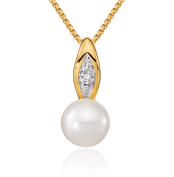 14K Solid Yellow Gold Freshwater Cultured Pearl Diamond Necklace Chain Pendant Charm April Birthstone Jewelry