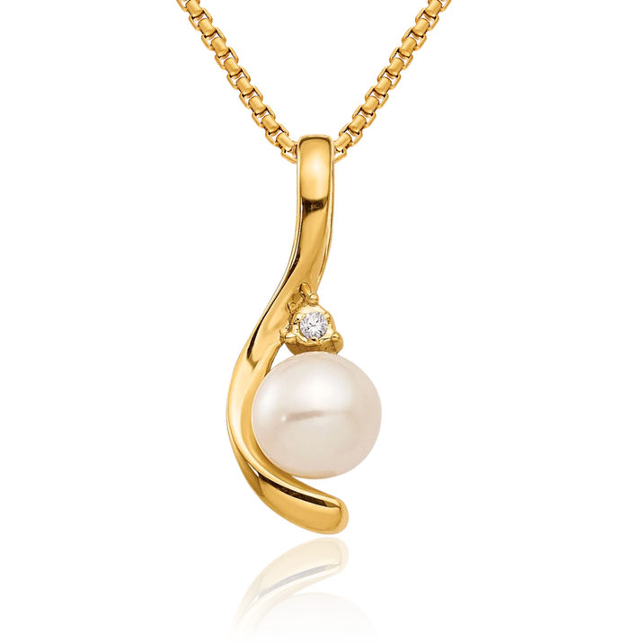 14K Solid Yellow Gold Freshwater Cultured Pearl Diamond Necklace Gemstone Pendant Charm April June Birthstone Jewelry