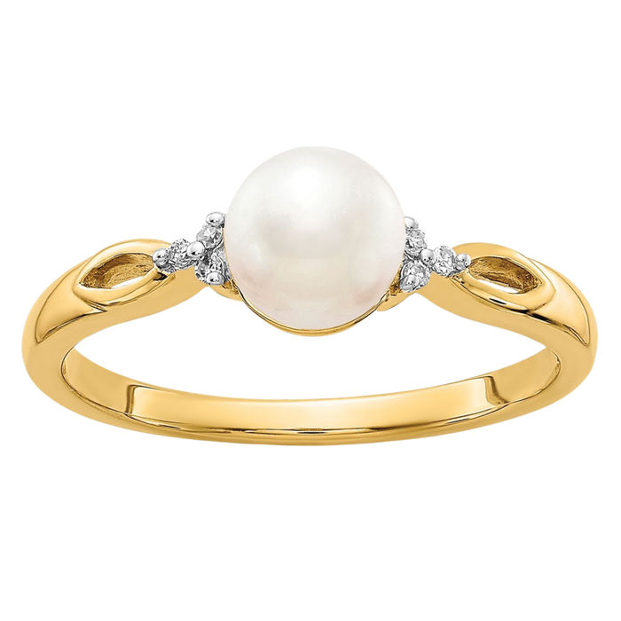 14K Solid Yellow Gold Freshwater Cultured Pearl Diamond Ring