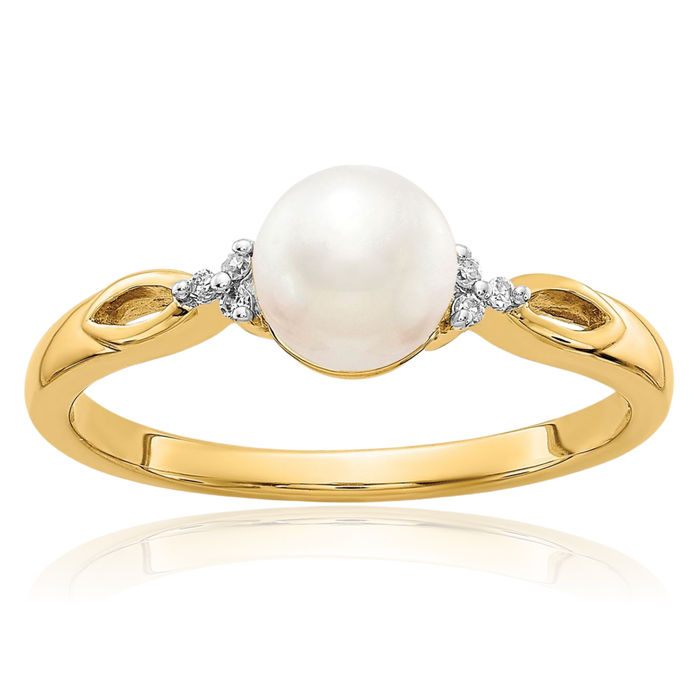 14K Solid Yellow Gold Freshwater Cultured Pearl Diamond Ring