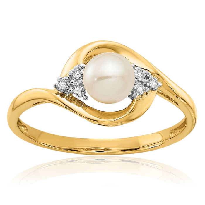 14K Solid Yellow Gold Freshwater Cultured Pearl Diamond Ring June Birthstone Jewelry