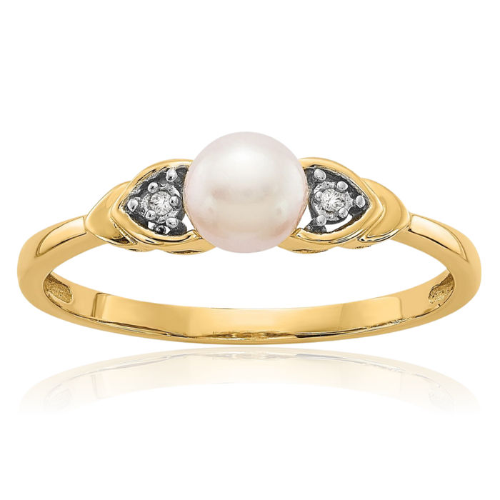 14K Solid Yellow Gold Freshwater Cultured Pearl Diamond Ring June Birthstone Jewelry