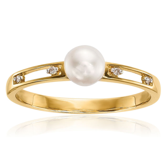 14K Solid Yellow Gold Freshwater Cultured Pearl Diamond Ring