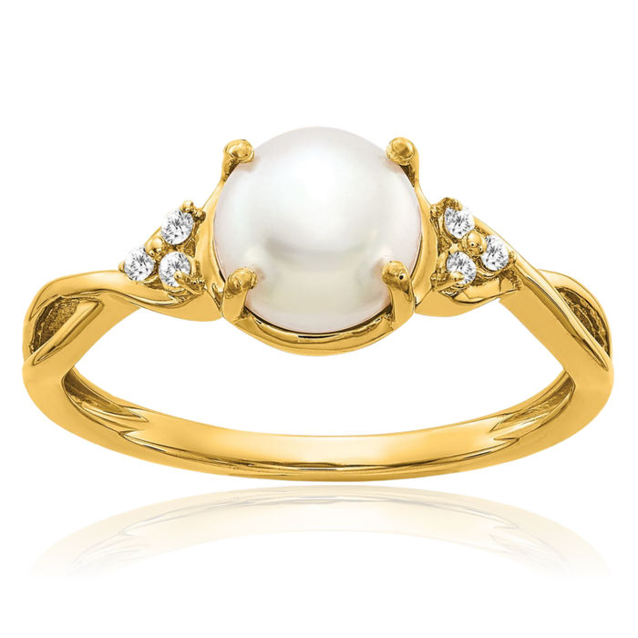 14K Solid Yellow Gold Freshwater Cultured Pearl Diamond Ring June Birthstone Jewelry