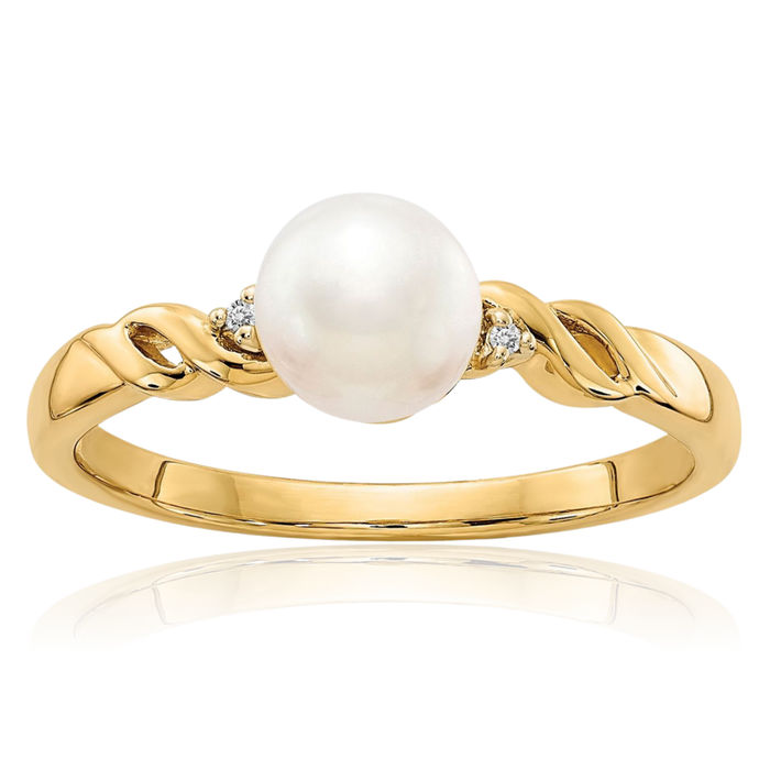 14K Solid Yellow Gold Freshwater Cultured Pearl Diamond Twisted Woven Crisscross Band Statement Ring