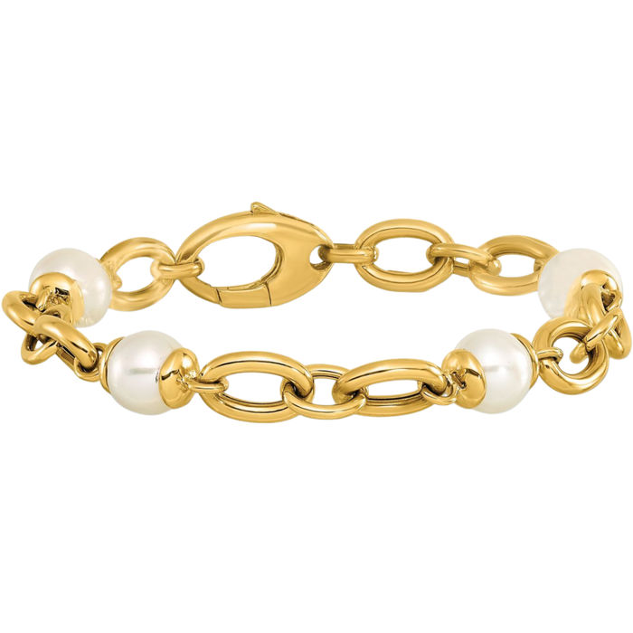 14K Solid Yellow Gold Freshwater Cultured Pearl Link Chain Bracelet