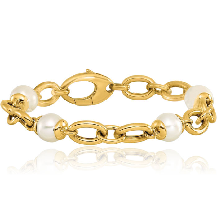 14K Solid Yellow Gold Freshwater Cultured Pearl Link Chain Bracelet