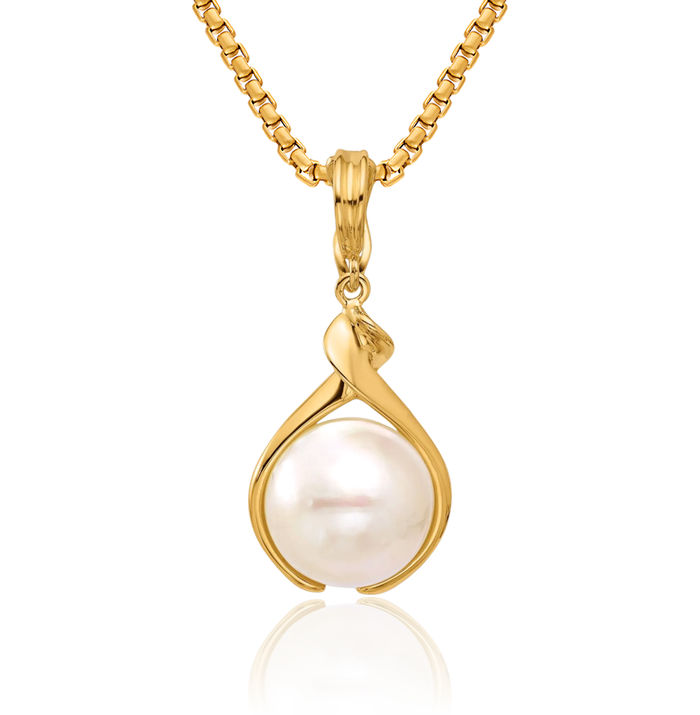 14K Solid Yellow Gold Freshwater Cultured Pearl Necklace Chain Pendant Charm