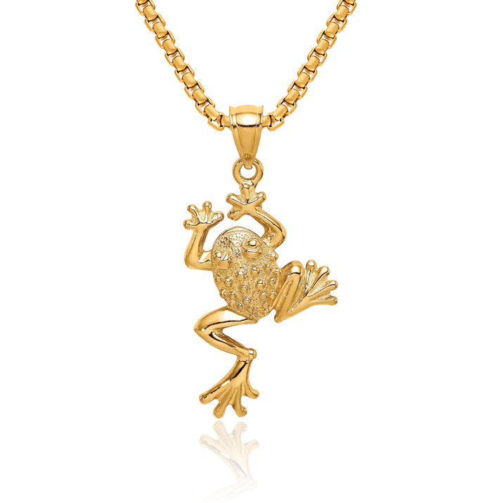 14K Solid Yellow Gold Frog Back Necklace Chain Pendant Charm