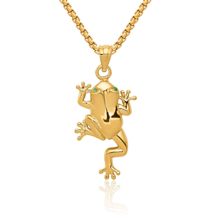 14K Solid Yellow Gold Frog Hamsa Hand of Fatima Evil Eye Protection Good Luck Necklace Chain Pendant Charm