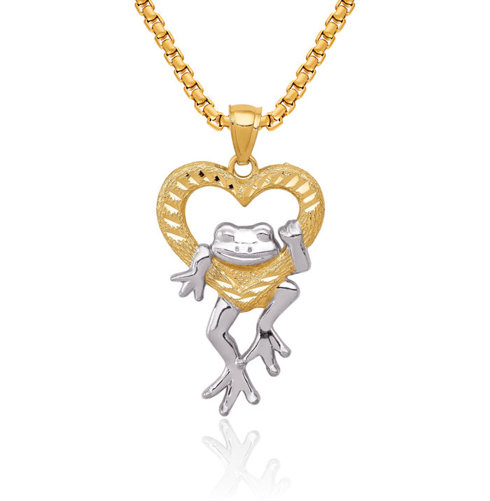 14K Solid Yellow Gold Frog Heart Necklace Love Pendant Charm