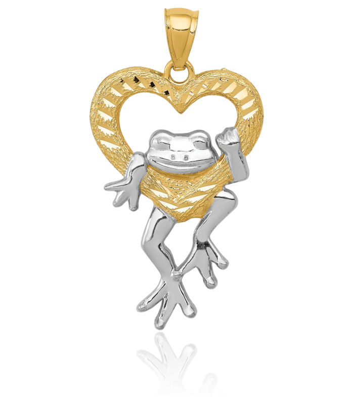 14K Solid Yellow Gold Frog Heart Necklace Love Pendant Charm