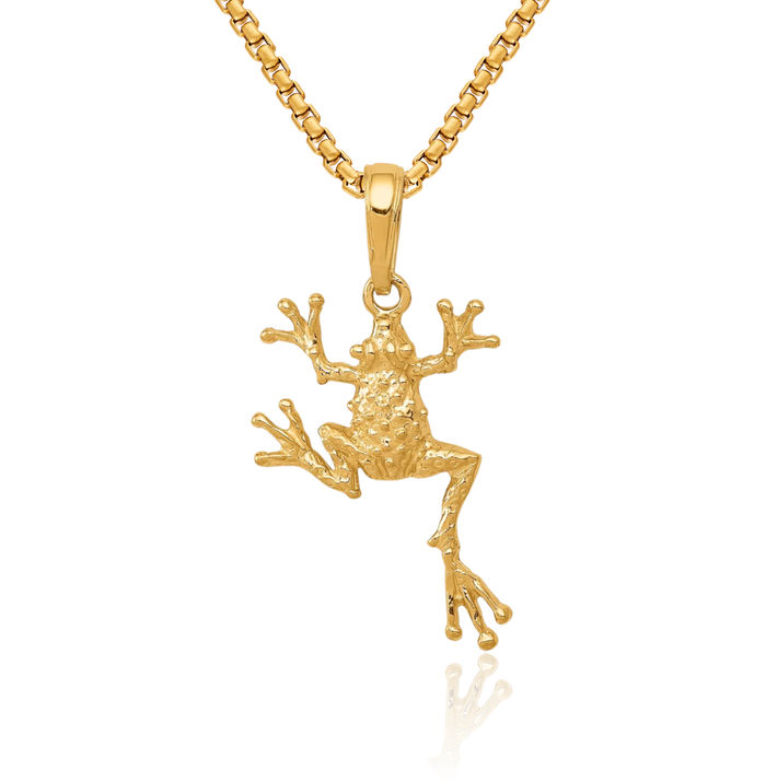 14K Solid Yellow Gold Frog Necklace Chain Pendant Charm