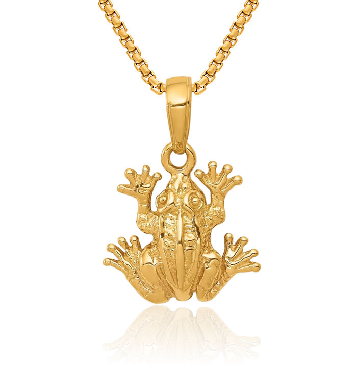 14K Solid Yellow Gold Frog Necklace Chain Pendant Charm