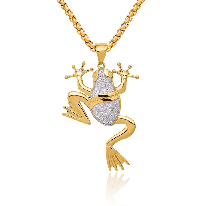 14K Solid Yellow Gold Frog Necklace Chain Pendant Charm