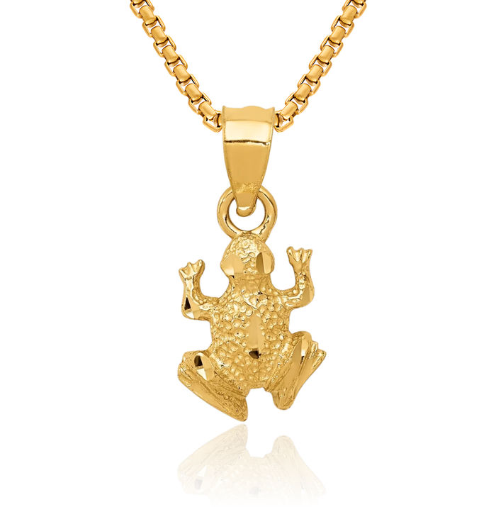 14K Solid Yellow Gold Frog Necklace Chain Pendant Charm