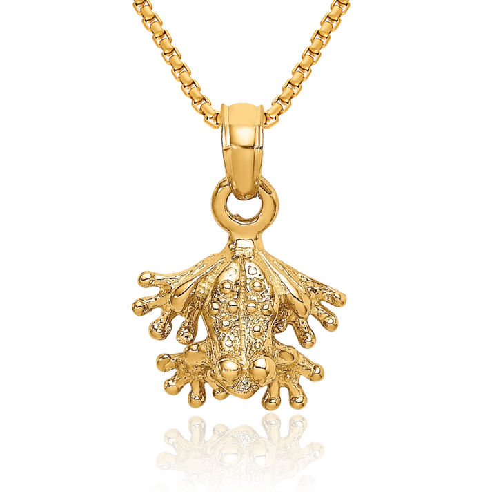 14K Solid Yellow Gold Frog Necklace Chain Pendant Charm